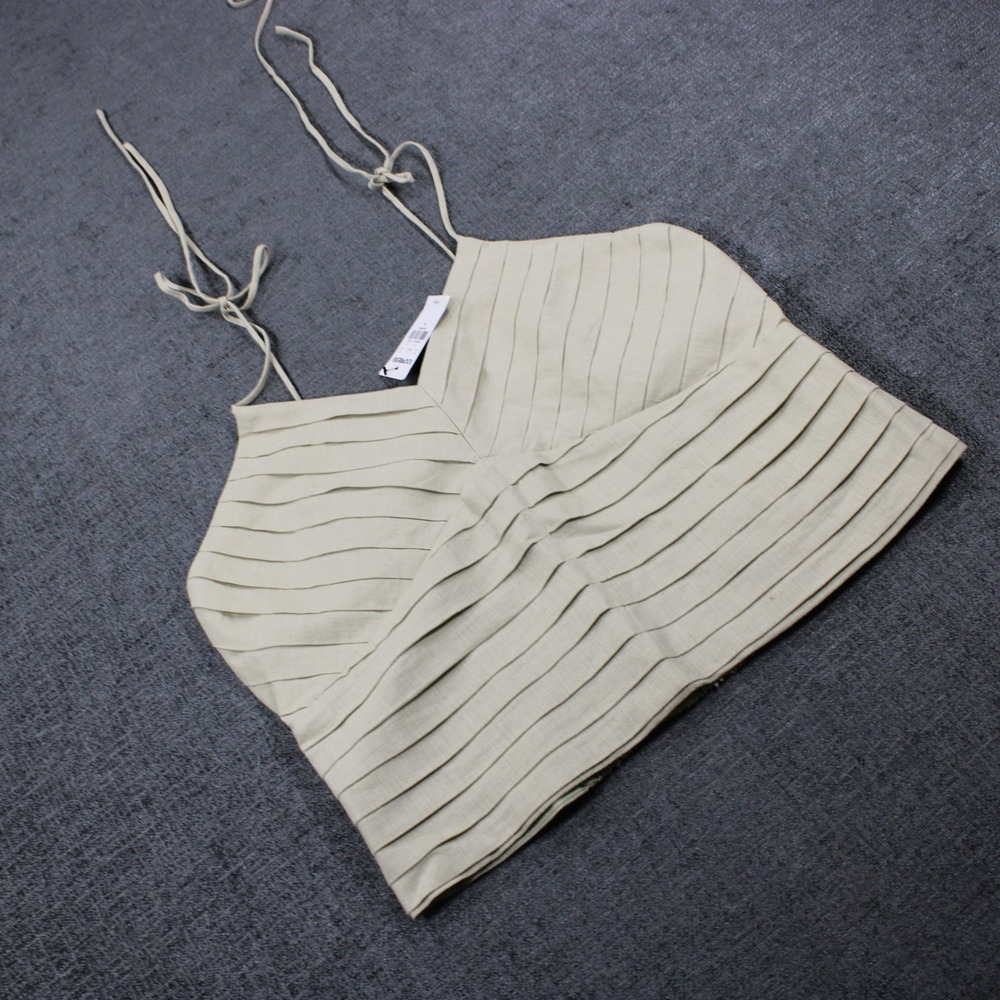 Express Womens Sage Green Linen Blend Pleated Tie Strap Smocked Crop Top M NEW